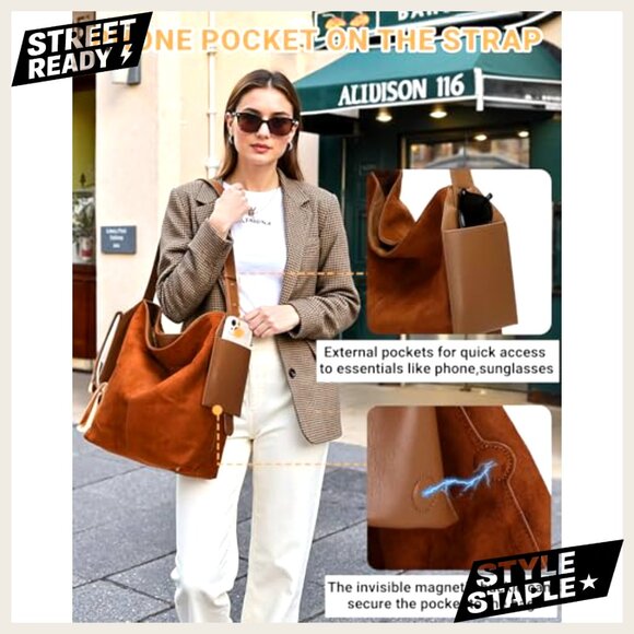 Soft Slouchy Suede Hobo Shoulder Bag, Adjustable Strap, Crossbody Tote Purse - Picture 3 of 7